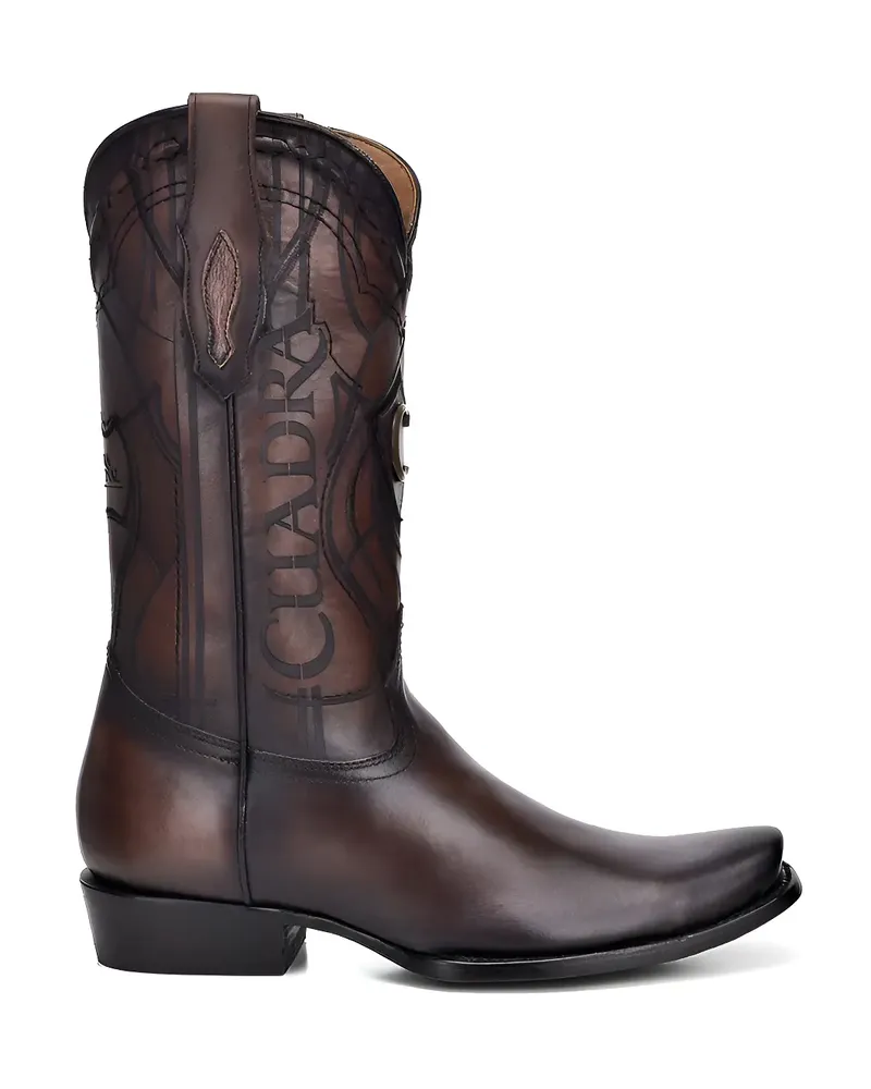 Bota vaquera Cuadra de piel en café oscuro con la marca en la caña