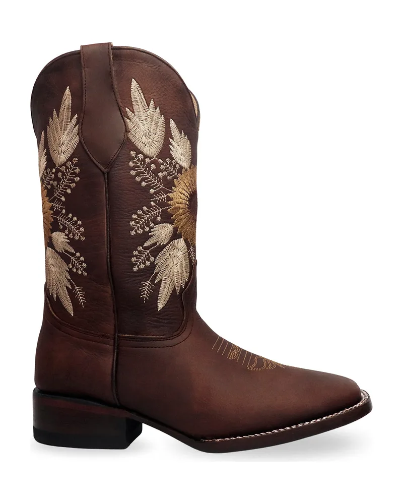 Bota vaquera de dama Horsag en piel café con girasoles bordados en la caña
