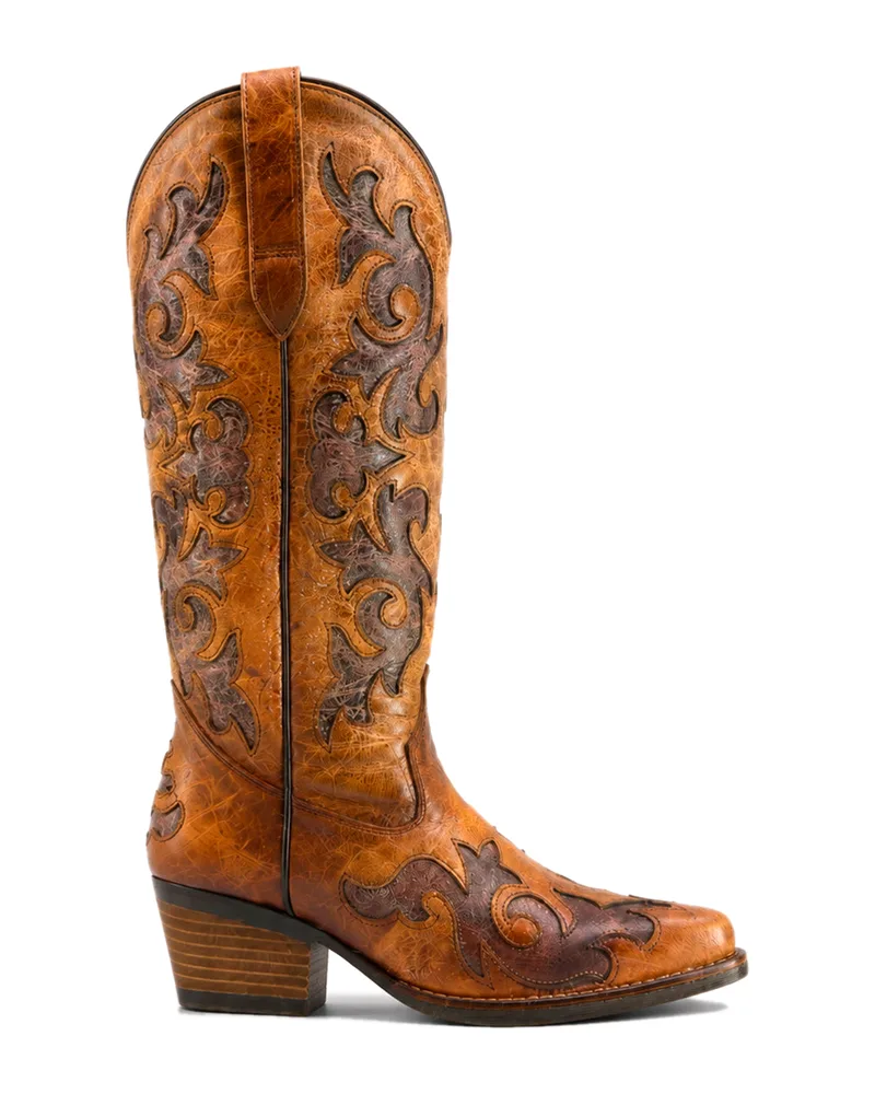 Bota vaquera de dama Texaban modelo Eleonora en piel miel con bordado en caña y puntera