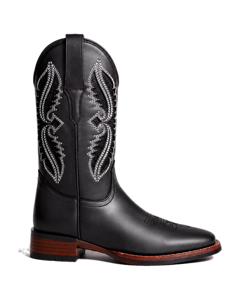 Bota vaquera de hombre Texaban modelo Álamo en piel negra con bordado blanco